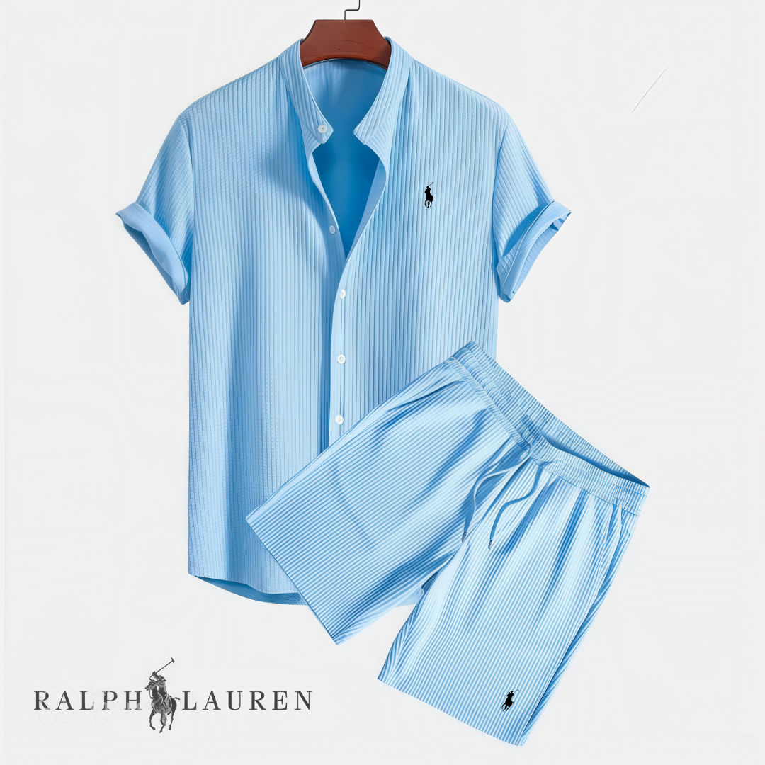 Men's light blue textured shirt and shorts set