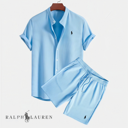 Men's light blue textured shirt and shorts set