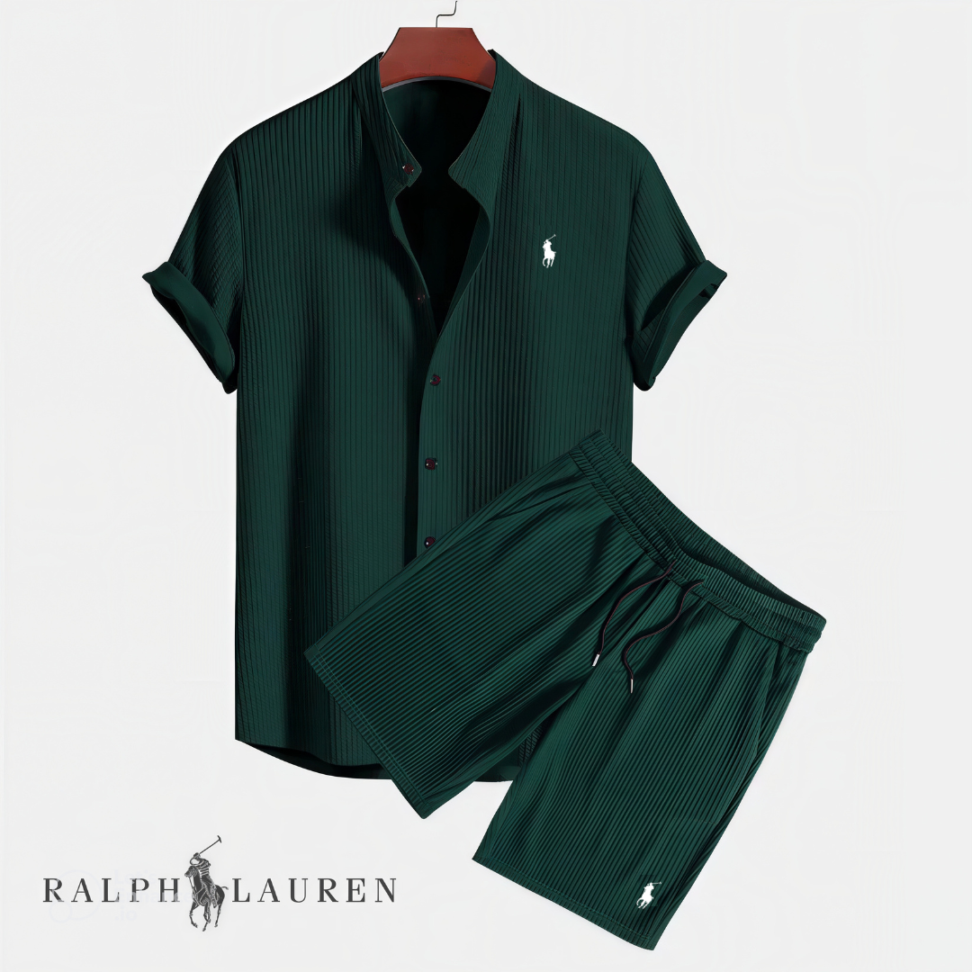Men's green textured shirt and shorts set