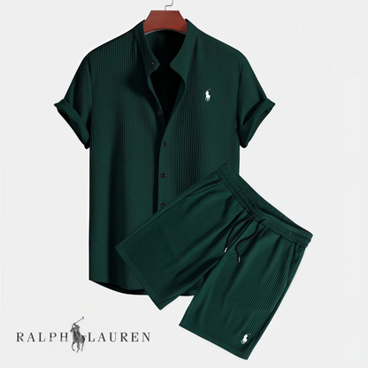 Men's green textured shirt and shorts set