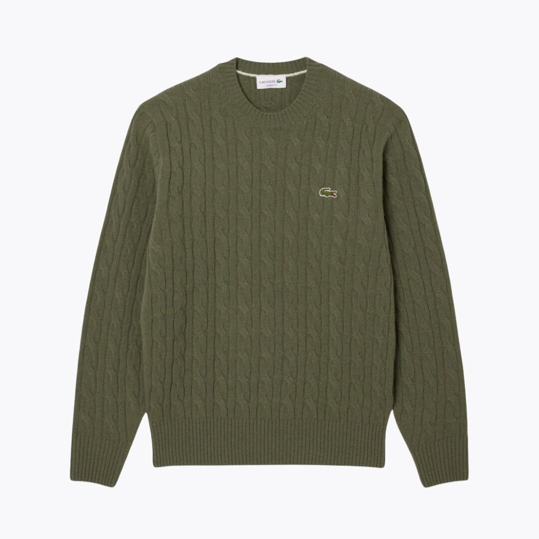 Camisola LC de lã cardada com malha entrançada e gola redonda