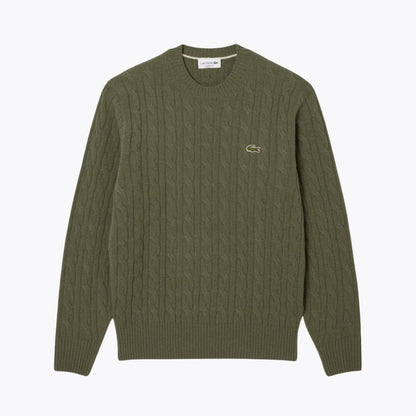 Camisola LC de lã cardada com malha entrançada e gola redonda