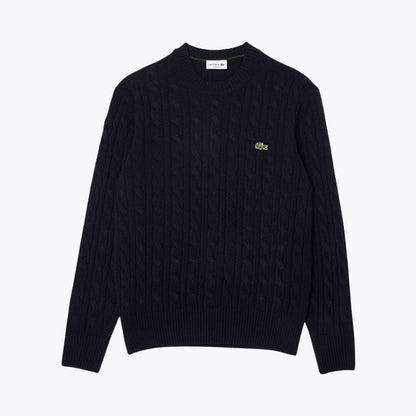 Camisola LC de lã cardada com malha entrançada e gola redonda