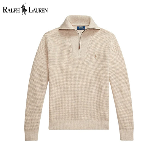 Camisola RL de lã e algodão com malha waffle e fecho de um quarto